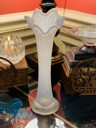 1907 Antique Fenton Glass White Opalescent Reverse Drapery Swung Vase -