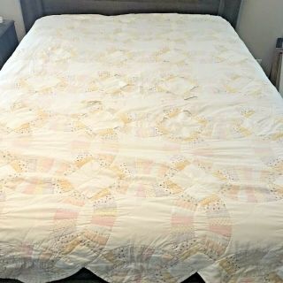 Antique Vintage Quilt Hand Stitched Pastel Pink Yellow Patchwork King 102x105