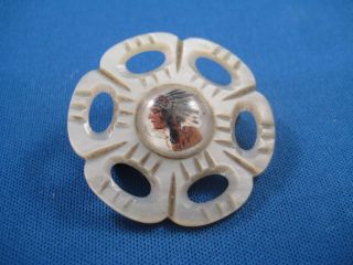 Very Rare American Indian Chief Cameo On Hand Carved Mother Of Pearl Pin
