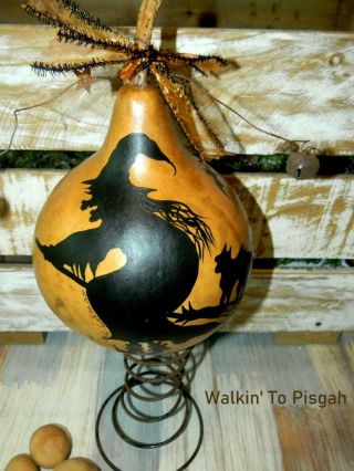 Primitive Halloween Flying Witch Gourd Folk Art Make - Do On Rusty Large Spring