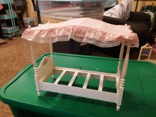 Vintage Barbie Dollhouse Furniture Canopy Bed Pink And White