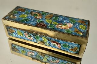 Vintage Chinese Brass And Enamel Stamp Box 4 1/4” Long