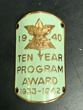Vintage 1940 Rare Boy Scout Bsa Ten Year Program Bicycle Head Badge 1933 - 1942