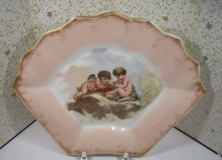 Pretty Antique Porcelain T & V Limoges 8 " Pink Shell Fan Plate Dish Cupid Cherub