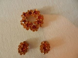 Antique/vintage Orange And Red Sparkly Flower Pin W/ Matching Clip On Earrings
