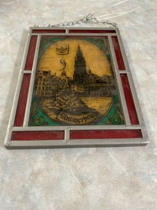 Vintage Stained Glass Window With Leaded Glass Frame From Antwerpen,  Belgium