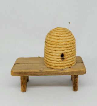 Vintage Sir Tom Thumb Bee Hive On Bench Artisan Dollhouse Miniature 1:12