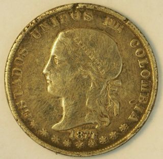 Rare 1877/4 Colombia Overdate Silver 50 Centavos 1877 Km177.  1 Lamination On Back