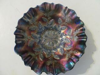 Antique Fenton Cobalt Blue Iridescent Carnival Glass 9 " Bowl Holly Pattern