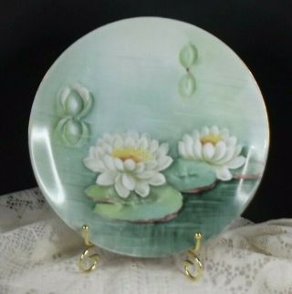 Hand Painted Antique Porcelain Bavarian Cabinet Plate With White Lotus Flower