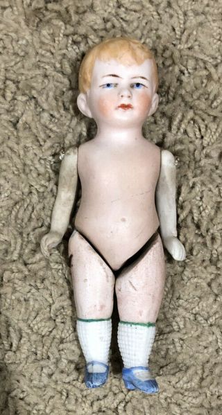 Antique German Bisque Dollhouse Doll Blond Molded Hair Boy Jointed Bisque 3 1/2