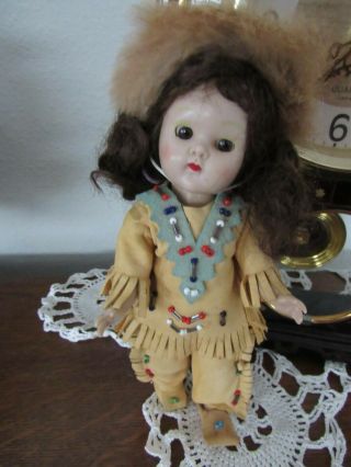 1954 Ginny Doll In Native American Deerskin Outfit With Davy Crockett Hat