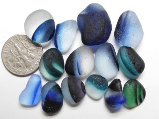 14 Multi S - M/l Banded Blue Green Lilac Jq Rare Seaham English Sea Glass
