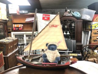 Steiff Boatswain Teddy Bear 1996 Plush Toy In Wood Boat