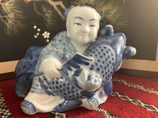 Antique Chinese Ceramic Porcelain Cobalt Blue White Figurine - Man Carrying Fish