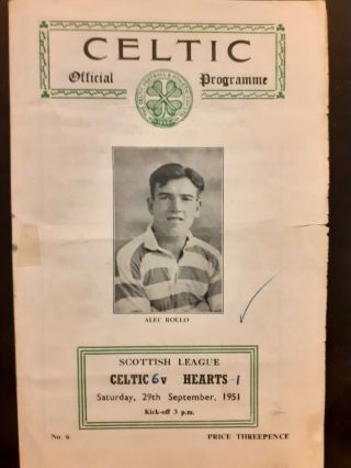 Celtic V Hearts Sept 29 1951.  Rare Programme