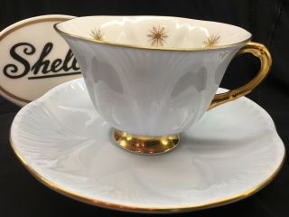 Shelley Rare Footed Dainty Snow Crystals Cup And Saucer - Gold Trim 13943