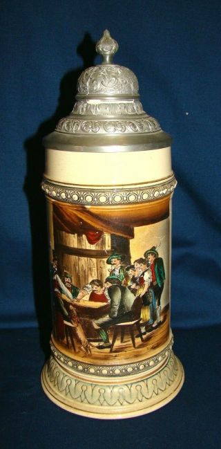 Antique Reinhold Hanke 1090 German Beer Stein W/ Hand Painted Tavern Scene
