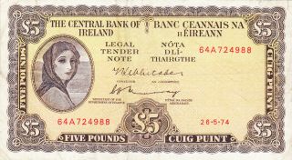 5 Pounds Fine Banknote From Ireland 1974 Pick - 65 Rare