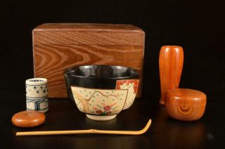 E4977: Japanese Wooden Tea Ceremony Box Chabako,  Tea Bowl Tea Caddy Tea Spoon