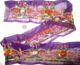 Vintage Antique Border Sari Trim Lace Rare Old 2 Ft N1 Violet Sequins Zari
