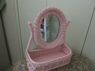 Shabby Vintage Pink Wicker Table Top Vanity Mirror With Storage Box