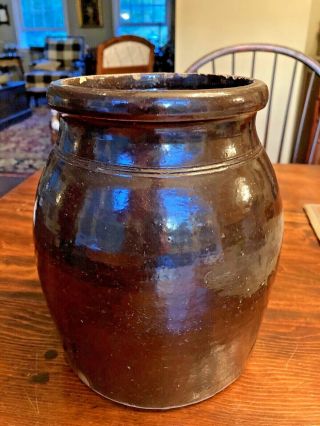 Antique / Vtg Primitive Salt Glazed Brown Stoneware Crock / Jar 8.  5 " Farmhouse