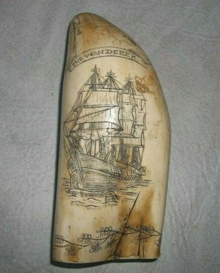 Vintage Schrimshaw Wanderer Whaling Ship Whale Tooth