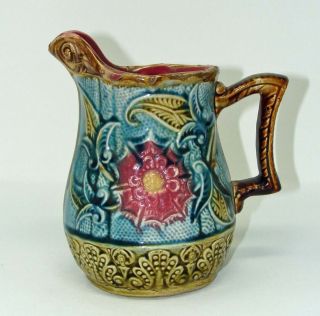 Vintage Antique Majolica Pitcher Turquoise Olive Green Brown Dark Pink Wow