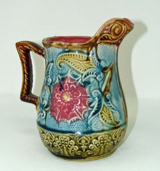VINTAGE ANTIQUE MAJOLICA PITCHER TURQUOISE OLIVE GREEN BROWN DARK PINK WOW 3