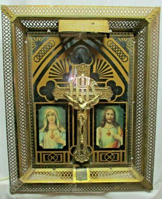 Rare Old Sacred Heart Of Jesus & Mary Holy Mother Of God Shadowbox Metal Frame
