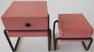 Kage Type Vintage 1940’s Dollhouse End Table And Ottoman - Pink Wood & Wire