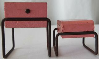 Kage Type Vintage 1940’s Dollhouse End Table and Ottoman - Pink Wood & Wire 2