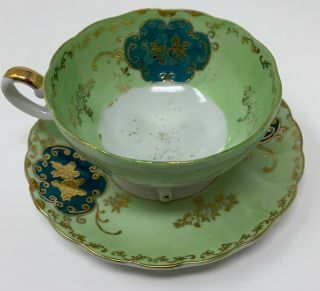 ROYAL SEALY CHINA FOOTED TEA CUP AND SAUCER GREEN Made in Japan 2