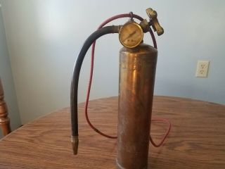 Emplty Small Antique Brass Fire Extinguisher " Stop Fire " W/ Strap & Turn Valve