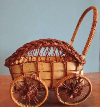 Vintage Brown Wicker Baby Doll Bed Cradle Crib Bassinet Stroller 6 " Long