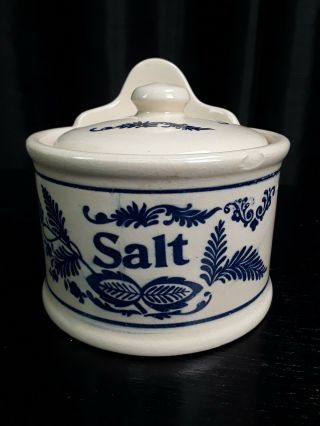 Antique Blue & White Pottery Salt Box Crock Wall Mount With Lid