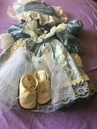 Antique Style Doll Dress w/Wide Brim Bonnet,  Shoes,  Socks,  Slip & Purse 2