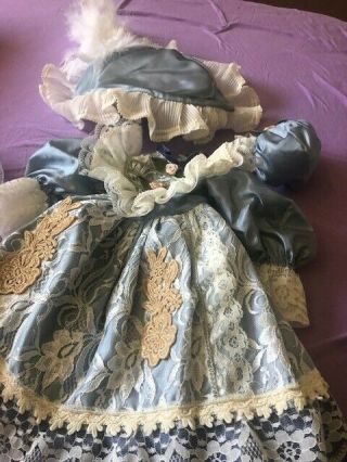 Antique Style Doll Dress w/Wide Brim Bonnet,  Shoes,  Socks,  Slip & Purse 3
