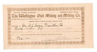 Rare Antique Authentic Wellington Gold Mine Co.  Stock Certificate Issued 1900