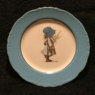 Vintage Rare Holly Hobbie Blue Girl Porcelain Salad Plates Platinum Trim 1973