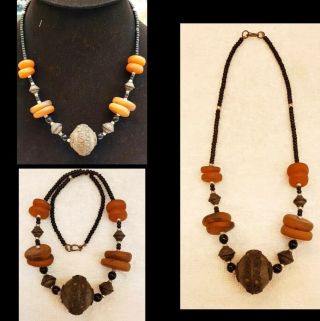 Rare Old Bewax Amber Lovely Unique Vintage Necklace With Antique Silver Beads
