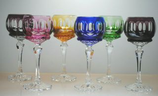 Set Of (6) Rare Htf Goebel Multi Color Cut To Clear Crystal Wine Hock Glasses