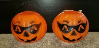 Rare 2 Vintage Halloween Masked Pumpkin Jack - O - Lantern Blow Mold Candy Buckets