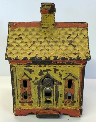 Antique Early Cast Iron Painted House Still Coin Bank Vintage Figural 2
