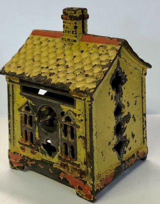Antique Early Cast Iron Painted House Still Coin Bank Vintage Figural 3