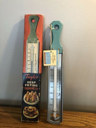 Vtg Taylor Deep Frying Stainless Steel Thermometer Teal Handle Tag Rare