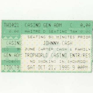 Johnny Cash & June Carter Family Concert Ticket Stub Atlantic City 10/21/95 Rare