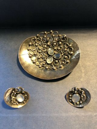 Rare Vintage Arts &crafts Moonstone Silver Brooch & Earrings C1930