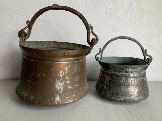 2 Vtg Antique Copper Pot Cauldron W/ Forged Iron Handle Hand Hammered Primitive